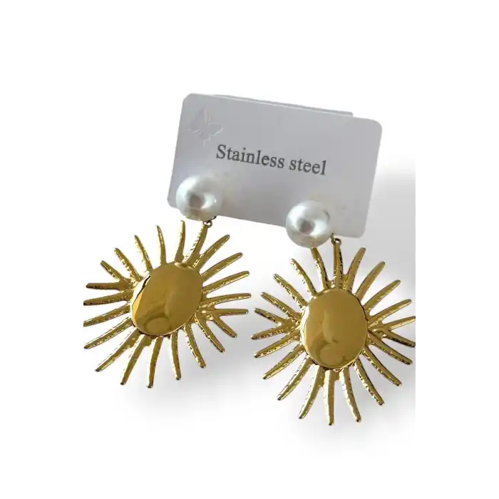 Altın Renk İnci Detaylı Çelik Küpe (Çift)