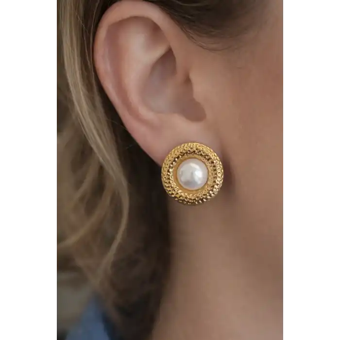 Altın Renk İnci Detaylı Çelik Küpe (Çift)