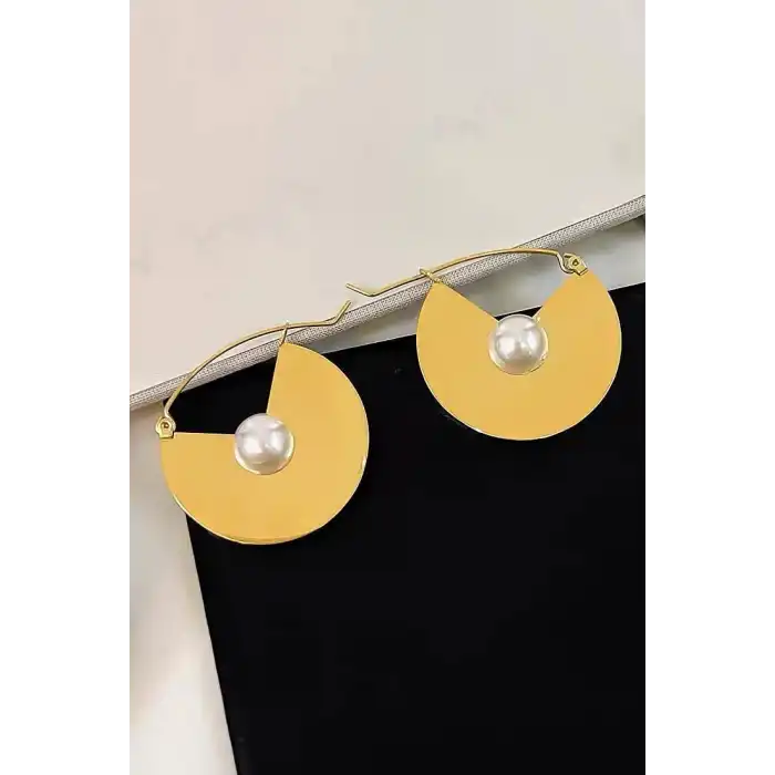 Altın Renk İnci Detaylı Çelik Küpe (Çift)