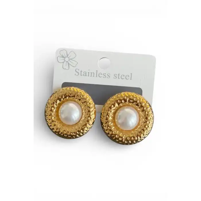 Altın Renk İnci Detaylı Çelik Küpe (Çift)