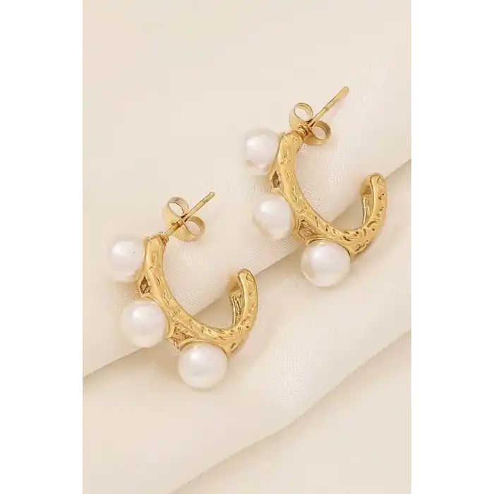 Altın Renk İnci Detaylı Çelik Küpe (Çift)