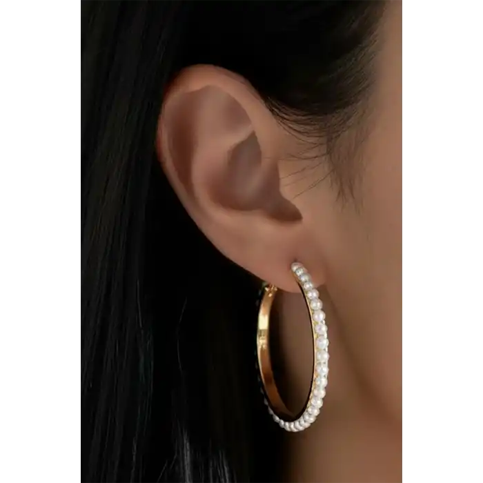 Altın Renk İnci Detaylı Halka Küpe (Çift)