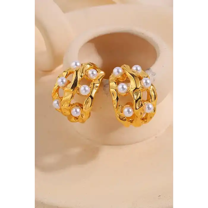Altın Renk İnci Detaylı Halka Küpe (Çift)
