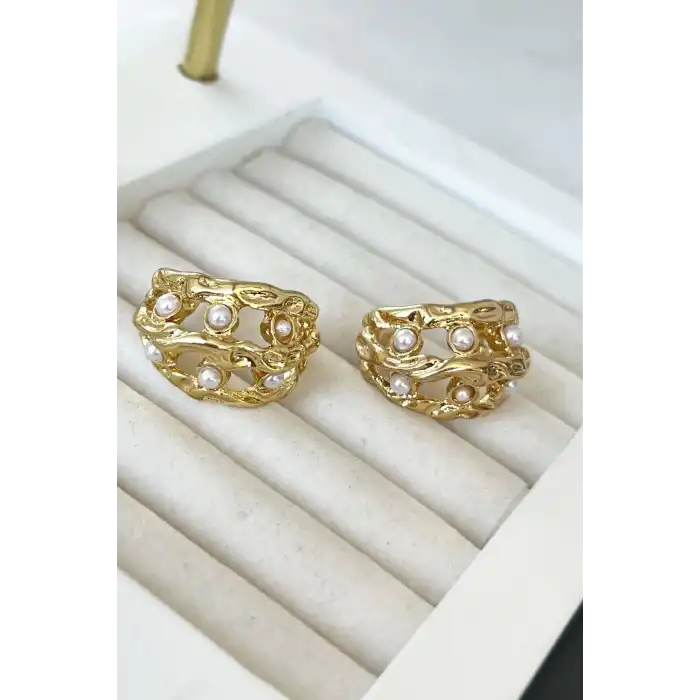 Altın Renk İnci Detaylı Halka Küpe (Çift)