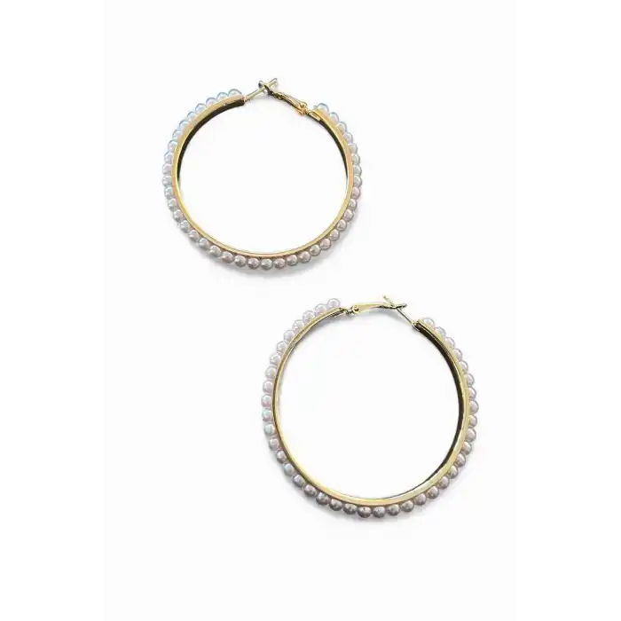 Altın Renk İnci Detaylı Halka Küpe (Çift)