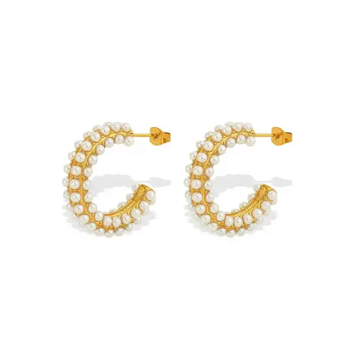 Altın Renk İnci Detaylı Halka Küpe (Çift)