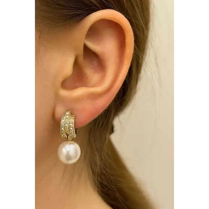 Altın Renk İnci Detaylı Küpe (Çift)