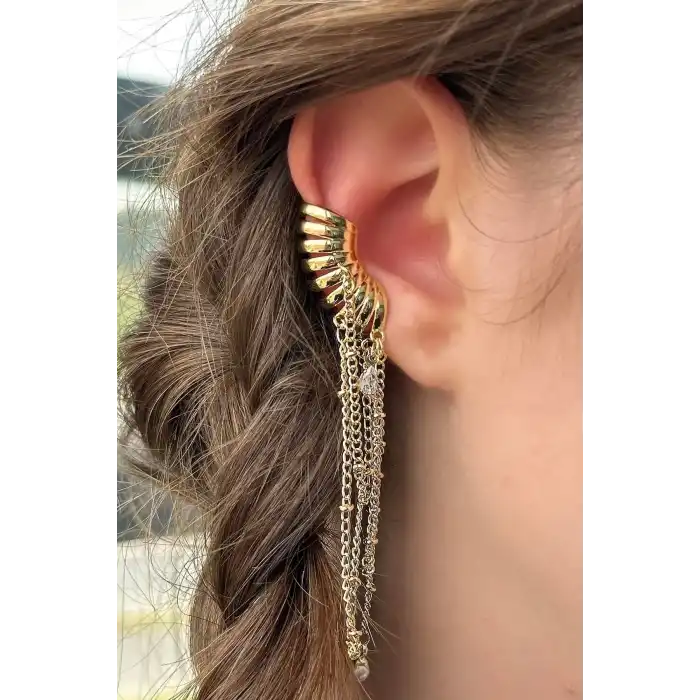 Altın Renk İnci Detaylı Sallantılı Ear Cuff (Tek)