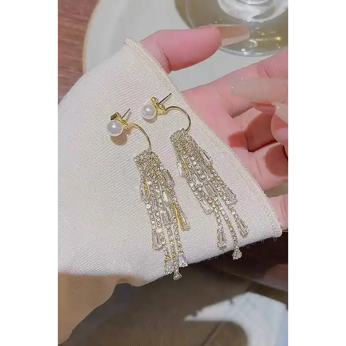 Altın Renk İnci Detaylı Taşlı Küpe (Çift)