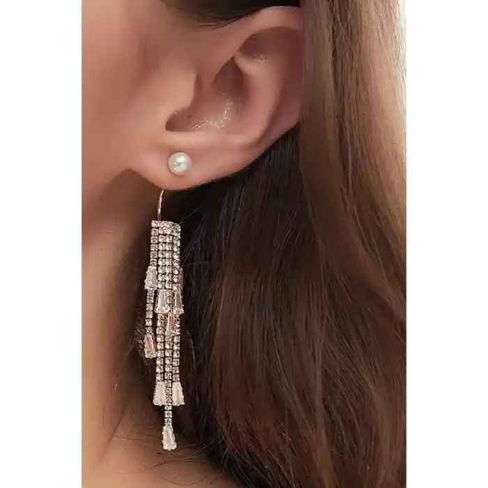 Altın Renk İnci Detaylı Taşlı Küpe (Çift)