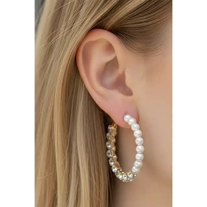 Altın Renk İnci Ve Taş Detaylı Halka Küpe (Çift