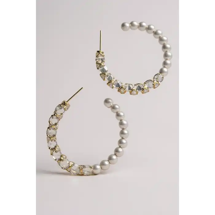 Altın Renk İnci Ve Taş Detaylı Halka Küpe (Çift