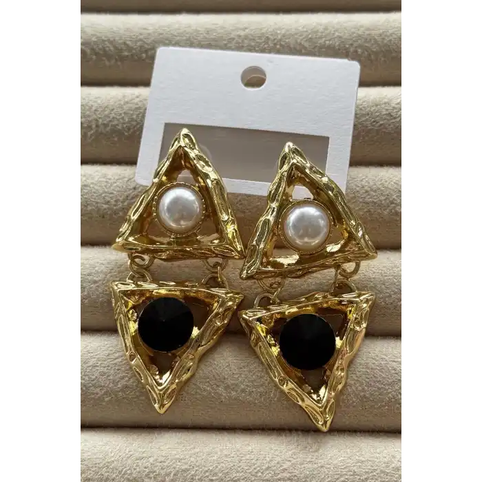 Altın Renk İnci Ve Taş Detaylı Küpe (Çift)