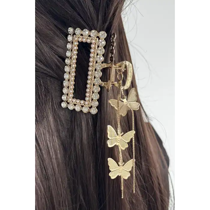 Altın Renk İnci Ve Taş Detaylı Metal Mandal Toka