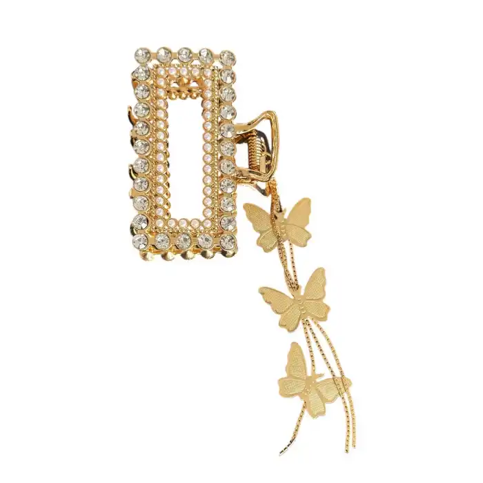 Altın Renk İnci Ve Taş Detaylı Metal Mandal Toka