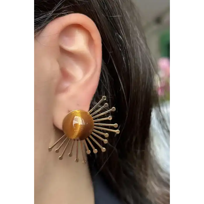 Altın Renk Kahve Taş Detaylı Küpe (Çift)