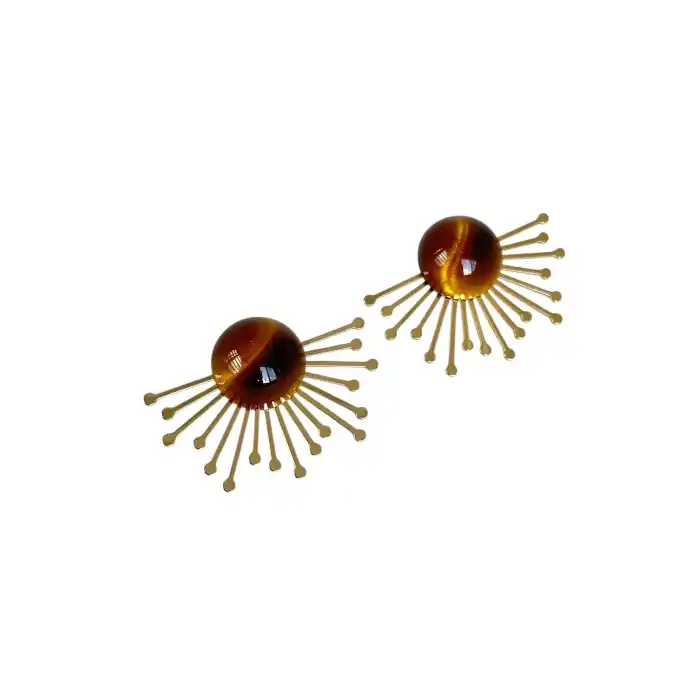 Altın Renk Kahve Taş Detaylı Küpe (Çift)