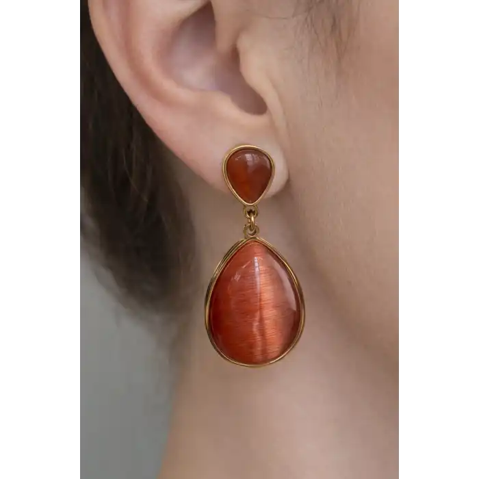 Altın Renk Kahverengi Sallantılı Çelik Küpe (Çift)