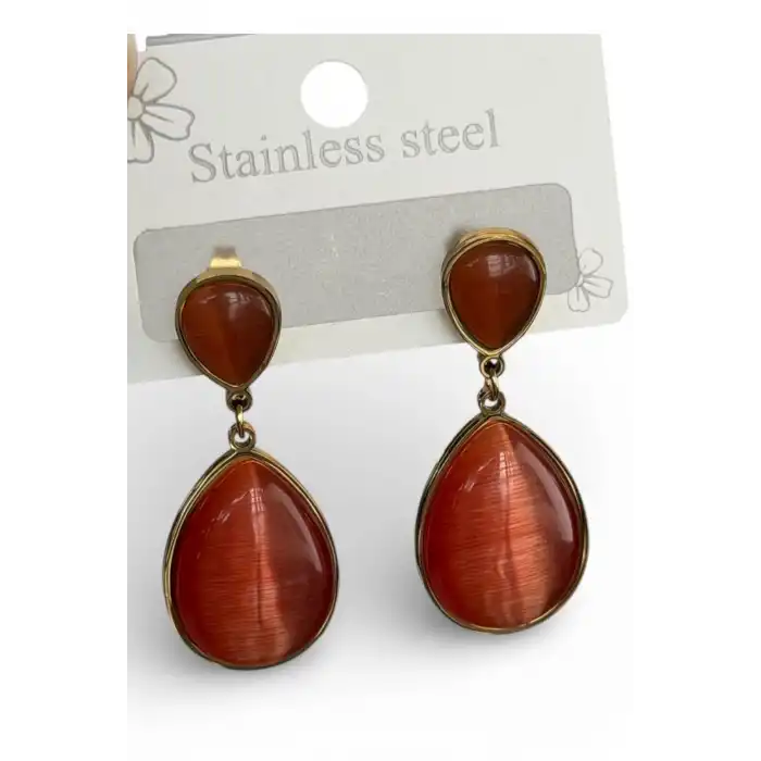 Altın Renk Kahverengi Sallantılı Çelik Küpe (Çift)