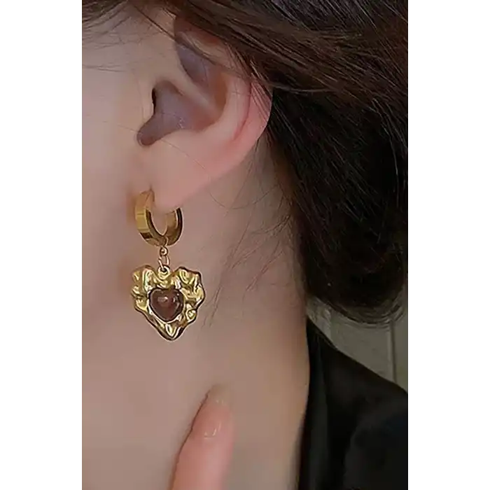 Altın Renk Kalp Detaylı Çelik Küpe (Çift)