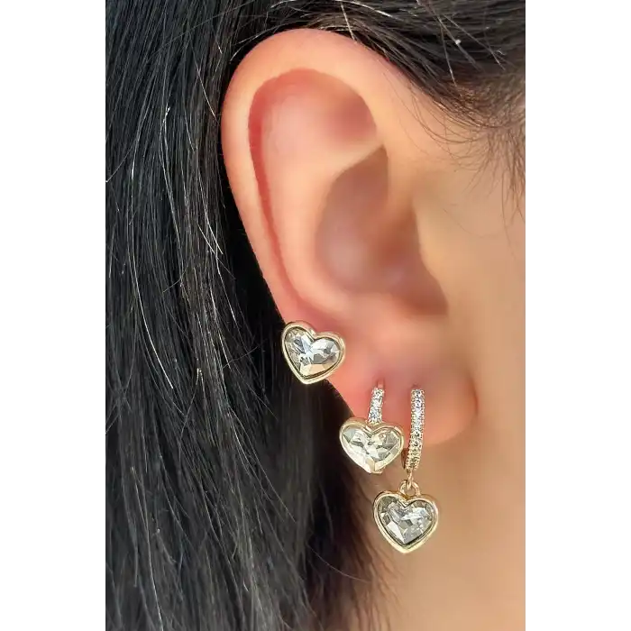 Altın Renk Kalp Figürlü 3lü YSX Küpe Set