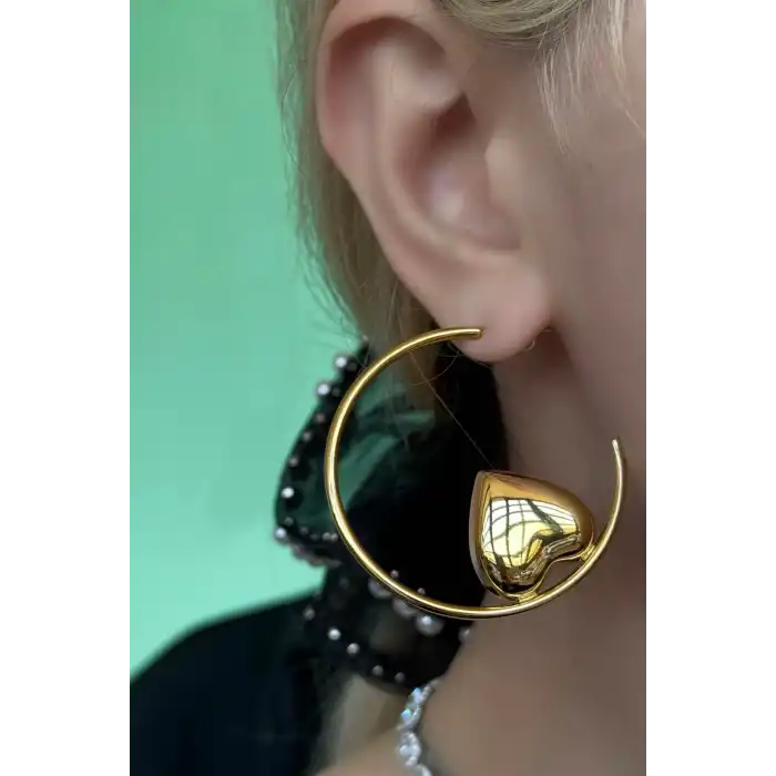 Altın Renk Kalp Figürlü Çelik Halka Küpe (Çift)