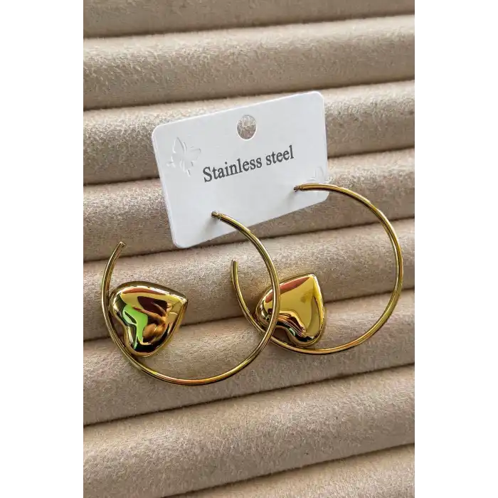 Altın Renk Kalp Figürlü Çelik Halka Küpe (Çift)