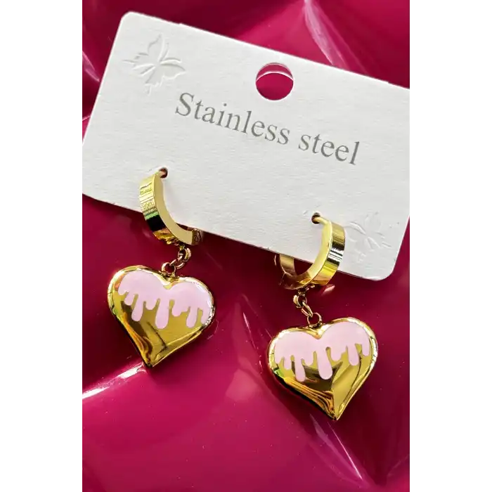 Altın Renk Kalp Figürlü Çelik Küpe (Çift)