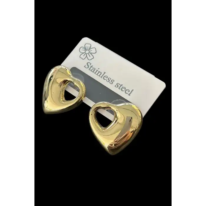 Altın Renk Kalp Figürlü Çelik Küpe (Çift)