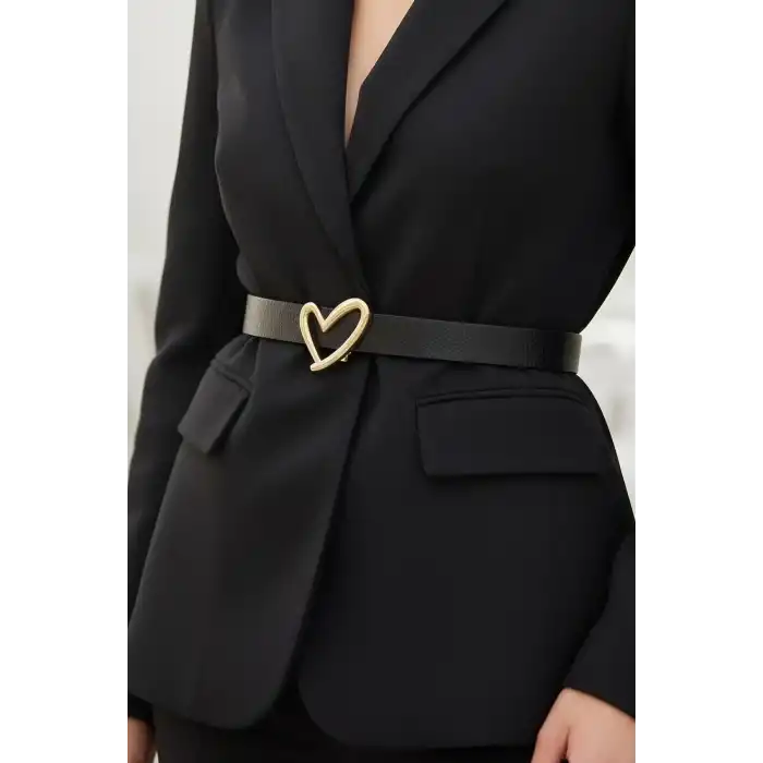 Altın Renk Kalp Figürlü Deri Detaylı Kadın Kemer