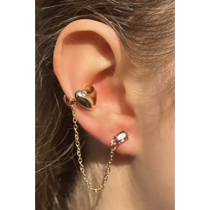Altın Renk Kalp Figürlü Ear Cuff Küpe (Tek)