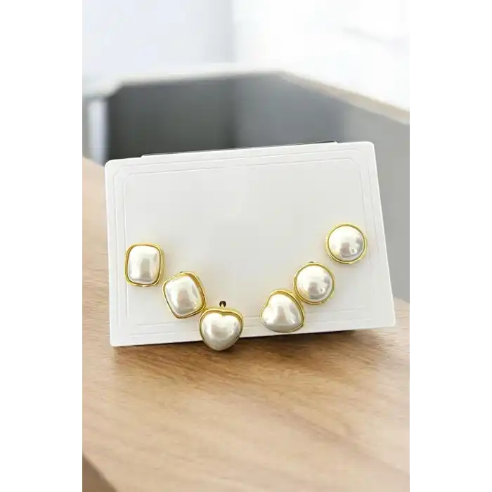 Altın Renk Kalp Figürlü İnci Detaylı 6lı Küpe Set