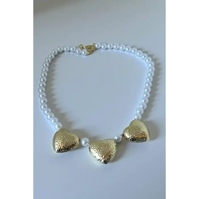 Altın Renk Kalp Figürlü İnci Detaylı YSX Kolye