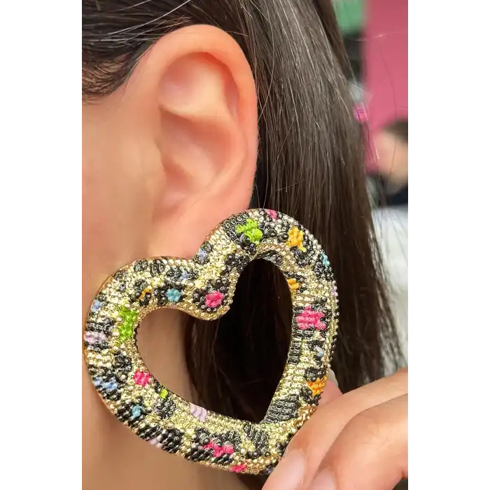 Altın Renk Kalp Figürlü Leopar Desenli Tasarım Küpe (Çift)