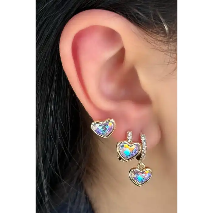 Altın Renk Kalp Figürlü Taş Detaylı 3lü YSX Küpe Set