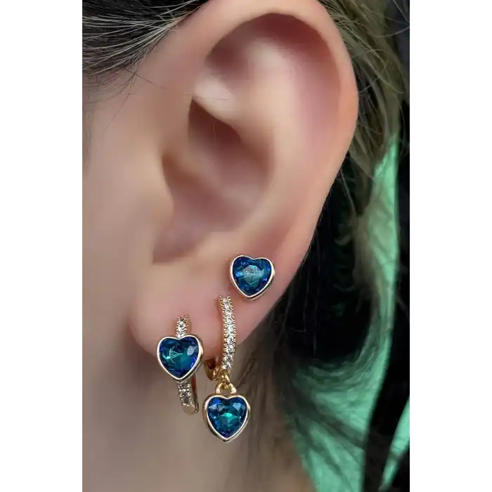 Altın Renk Kalp Figürlü Taş Detaylı 3lü YSX Küpe Set