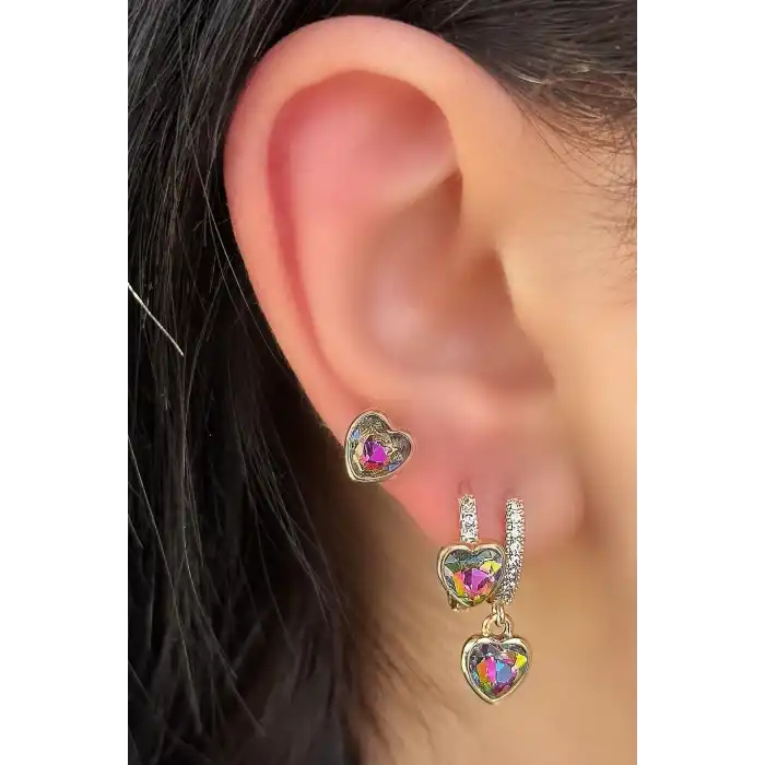 Altın Renk Kalp Figürlü Taş Detaylı 3lü YSX Küpe Set