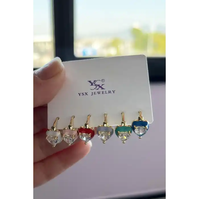 Altın Renk Kalp Figürlü Taş Detaylı 6lı YSX Küpe Set