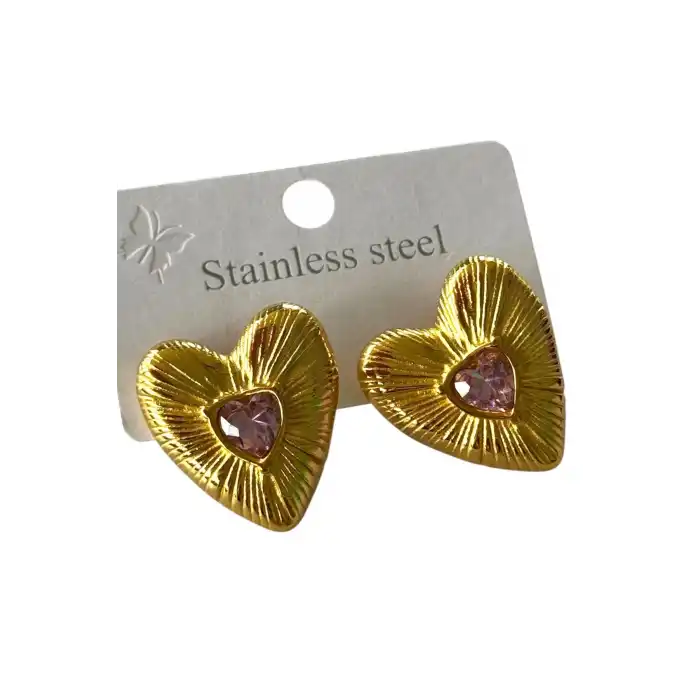 Altın Renk Kalp Figürlü Taş Detaylı Çelik Küpe (Çift)