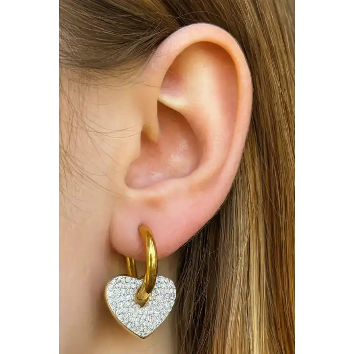 Altın Renk Kalp Figürlü Taş Detaylı Çelik Küpe (Çift)