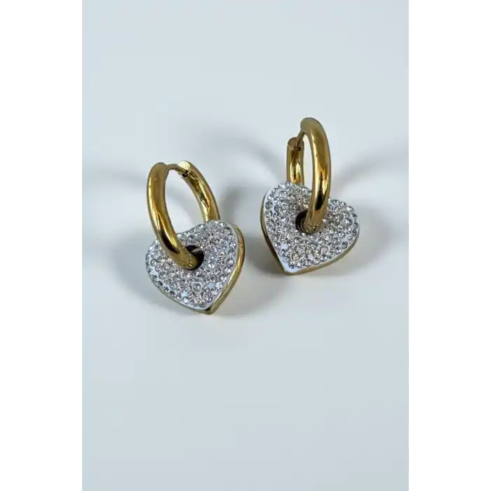 Altın Renk Kalp Figürlü Taş Detaylı Çelik Küpe (Çift)