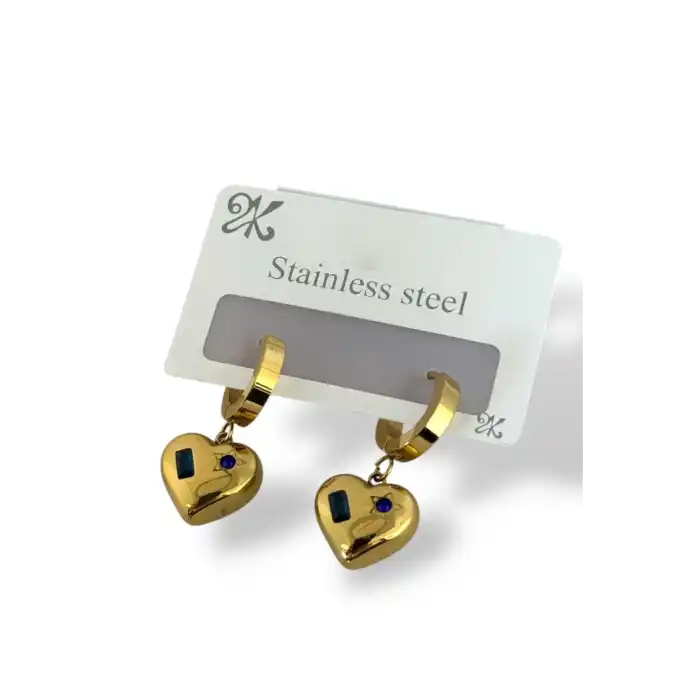 Altın Renk Kalp Figürlü Taş Detaylı Çelik Küpe (Çift)