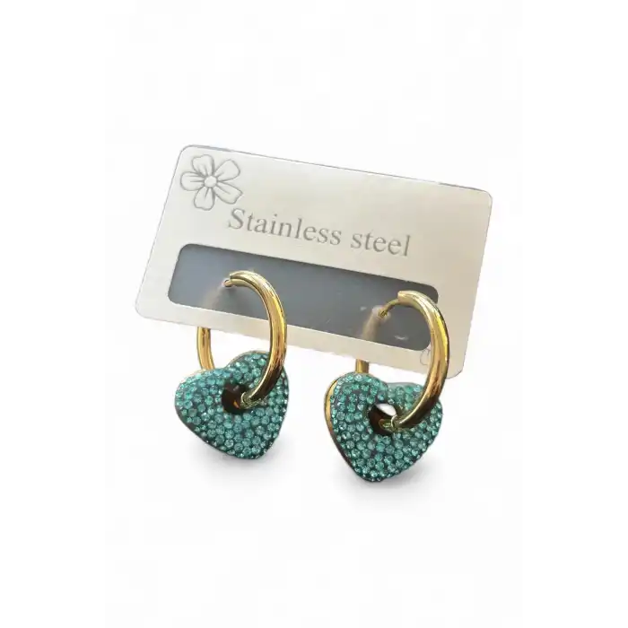 Altın Renk Kalp Figürlü Taş Detaylı Çelik Küpe (Çift)