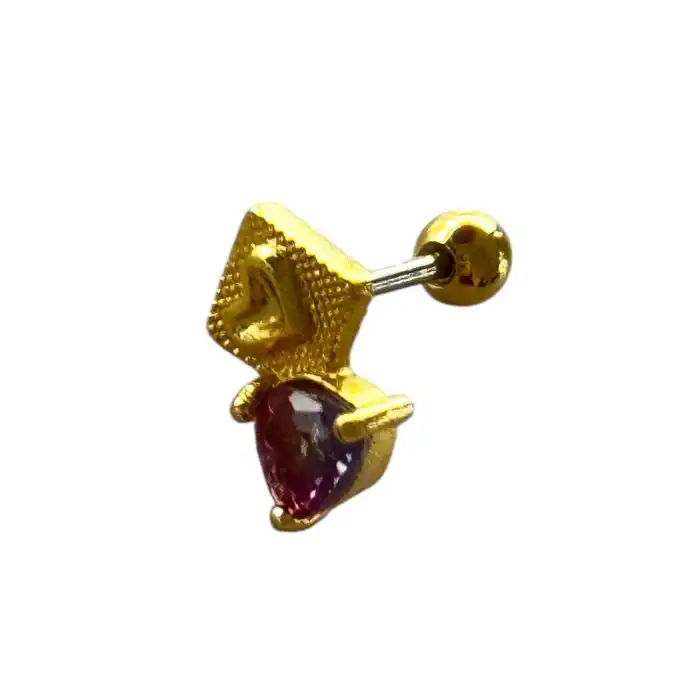 Altın Renk Kalp Figürlü Taş Detaylı Cerrahi Çelik Tragus/Kıkırdak Küpe/Piercing (Tek)