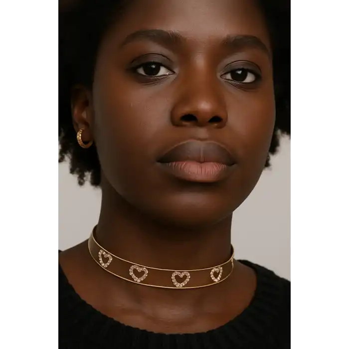 Altın Renk Kalp Figürlü Taş Detaylı Choker Kolye