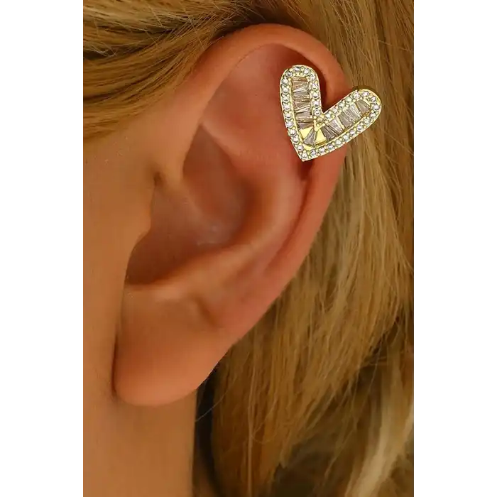Altın Renk Kalp Figürlü Taş Detaylı Ear Cuff (Tek)