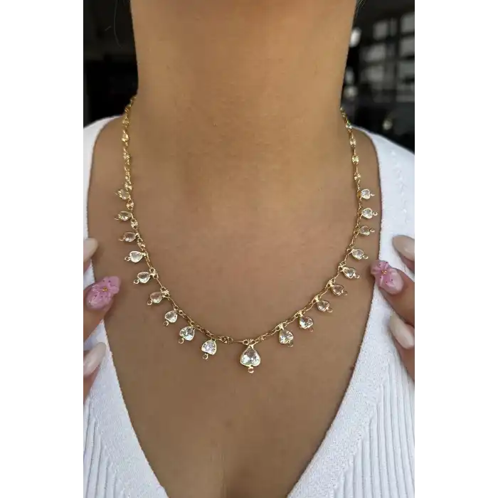 Altın Renk Kalp Figürlü Taş Detaylı Kolye