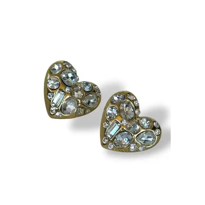 Altın Renk Kalp Figürlü Taş Detaylı Küpe (Çift)