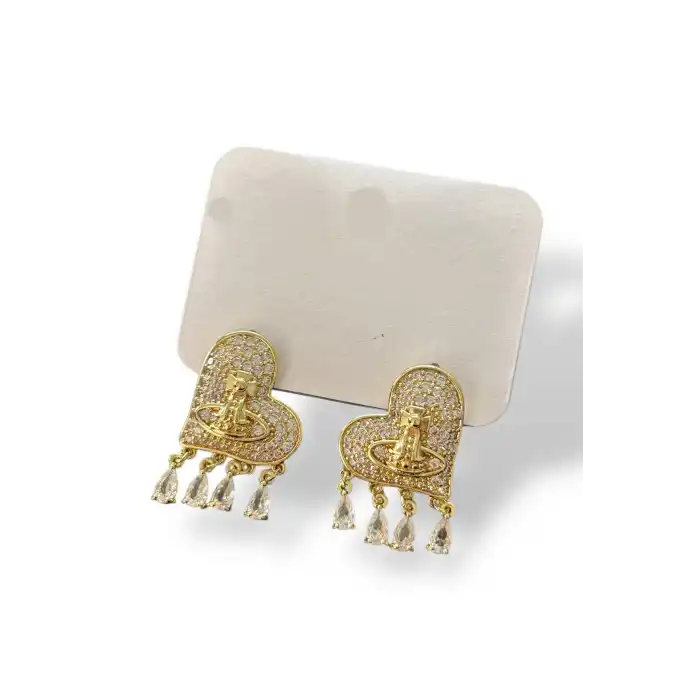 Altın Renk Kalp Figürlü Taş Detaylı Küpe (Çift)