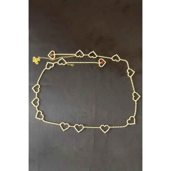 Altın Renk Kalp Figürlü Taş Detaylı Tasarım Bel Zinciri/Vücut Aksesuar